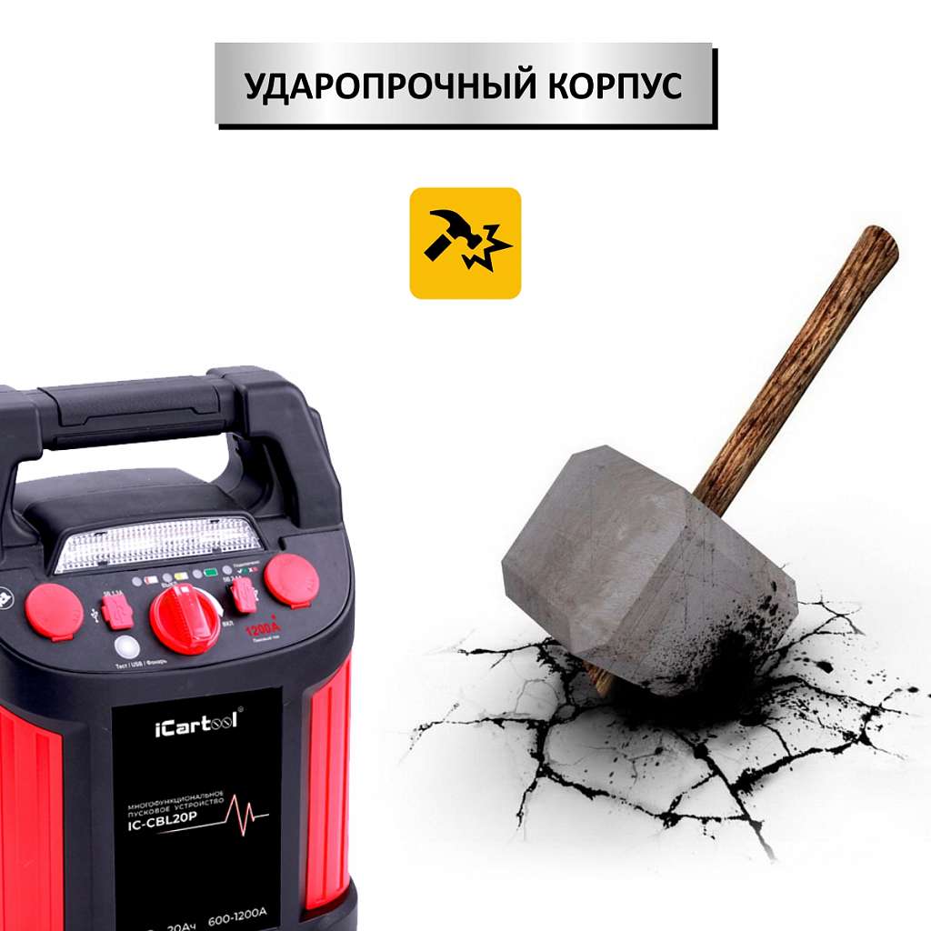 Пусковое устройство с компрессором 12В, 20 000 мАч, 600/1200А iCartool IC-CBL20P