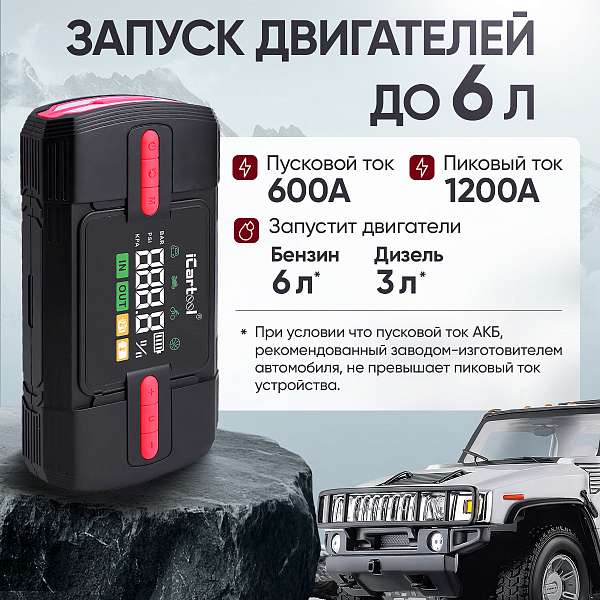 Пусковое устройство c компрессором 12В, 12 000 мАч, 600/1200А iCartool IC-JSD12P купить в Москва