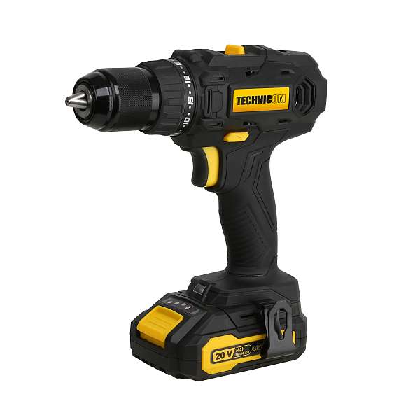 Дрель-шуруповёрт аккумуляторная TECHNICOM TC-CD797, 20В, 2Ач, 2-13мм диаметр патрона, 2 скорости 0-400/0-1500 об/мин, 25+1 ступеней крутящего момента фото