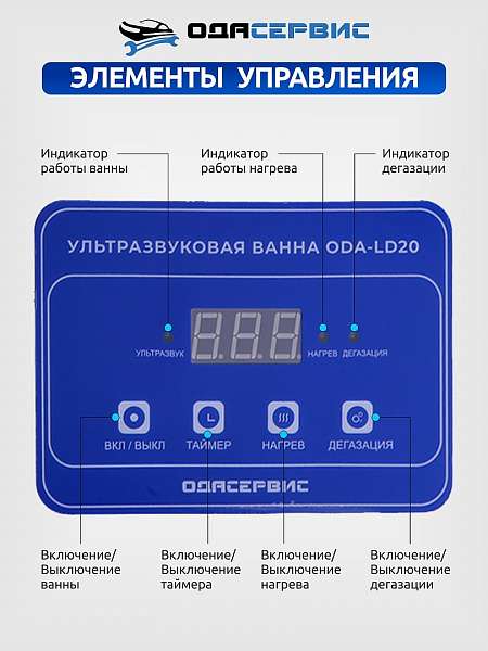 Ультразвуковая ванна с цифровым управлением, функциями подогрева и дегазации, 2л ОДА Сервис ODA-LD20
