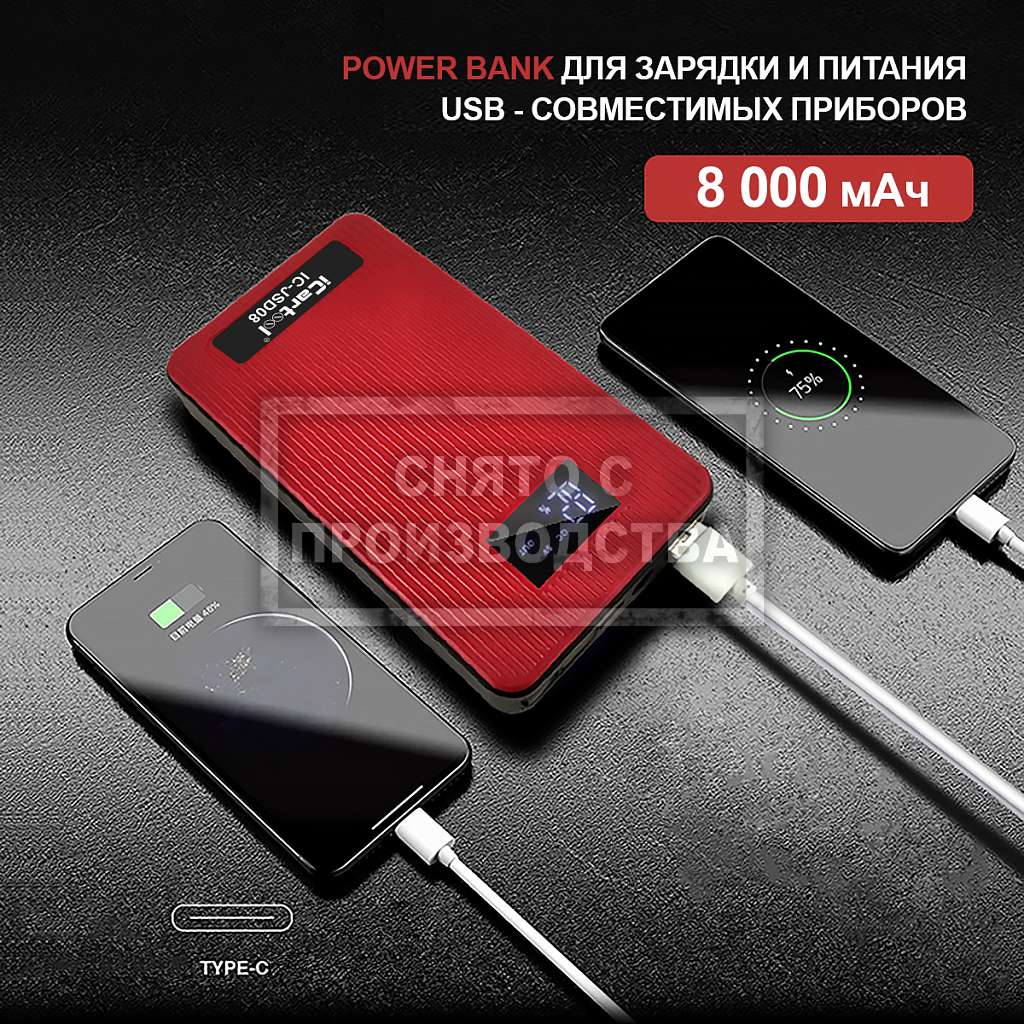 Пусковое устройство 12В, 8 000 мАч, 200/400А iCartool IC-JSD08
