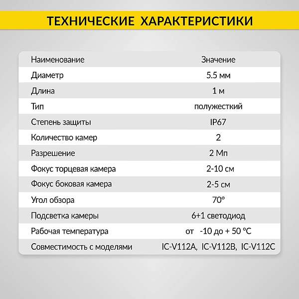 Зонд для видеоэндоскопа iCartool IC-V112A/B/C, 2 камеры, 1м, 5.5 мм iCartool IC-VP112B55-2 купить в Москва